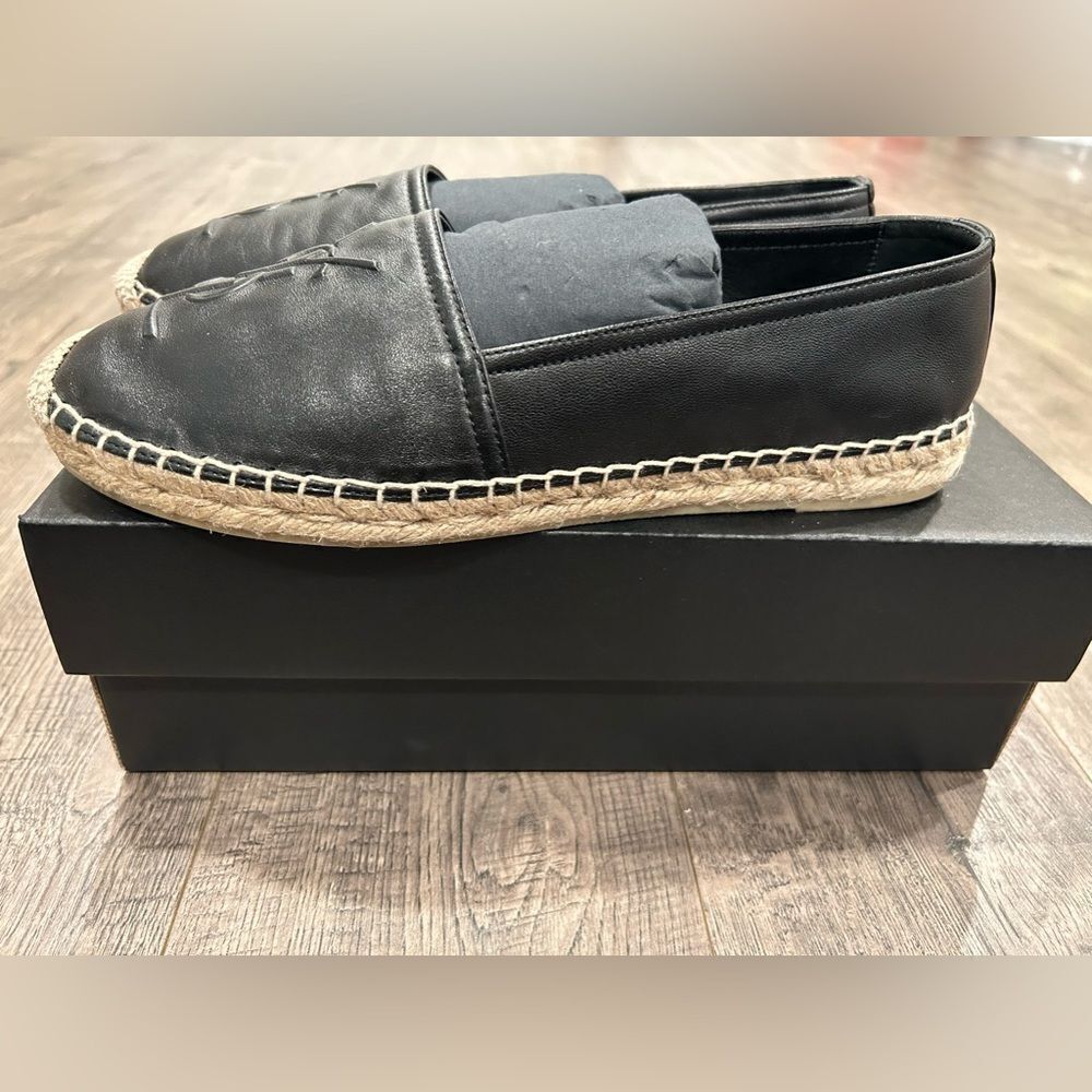 YSL Saint Laurent Black Nappa Leather Espadrilles Flat Shoes Logo - Picture 4 of 7